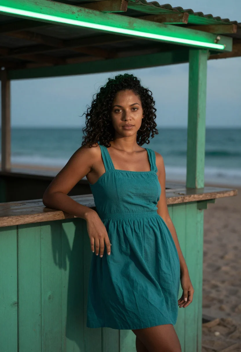 AI atlantics dakar ngor seafoam teal sample — portrait of a woman, a Cape Verdean woman in her late twenti