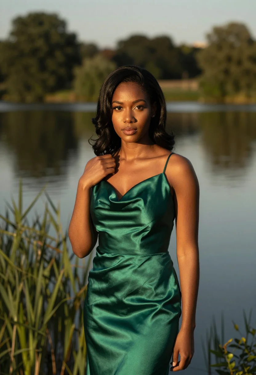 AI atonement stokesay court green satin gown sample — portrait of a woman, a Black British woman in her early thir
