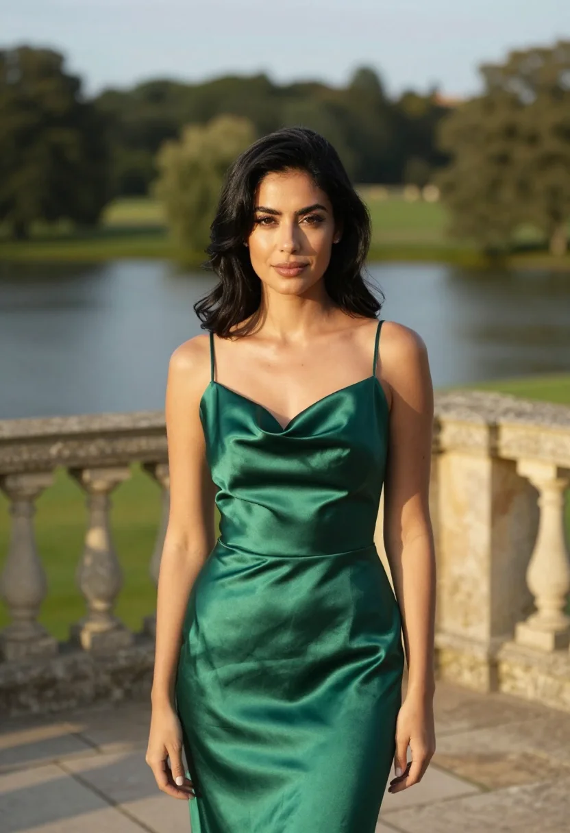 AI atonement stokesay court green satin gown sample — portrait of a woman, an Italian woman in her early thirties