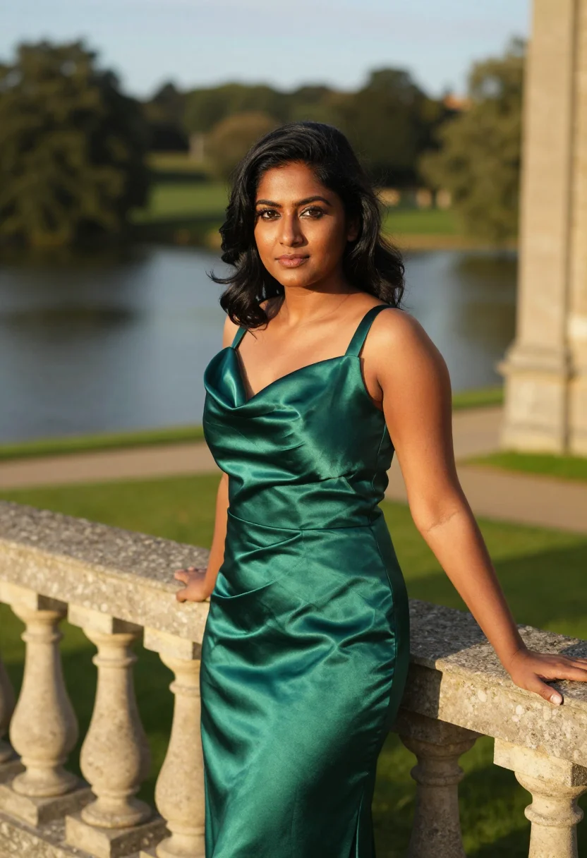 AI atonement stokesay court green satin gown sample — portrait of a woman, a British-Indian woman in her late twen