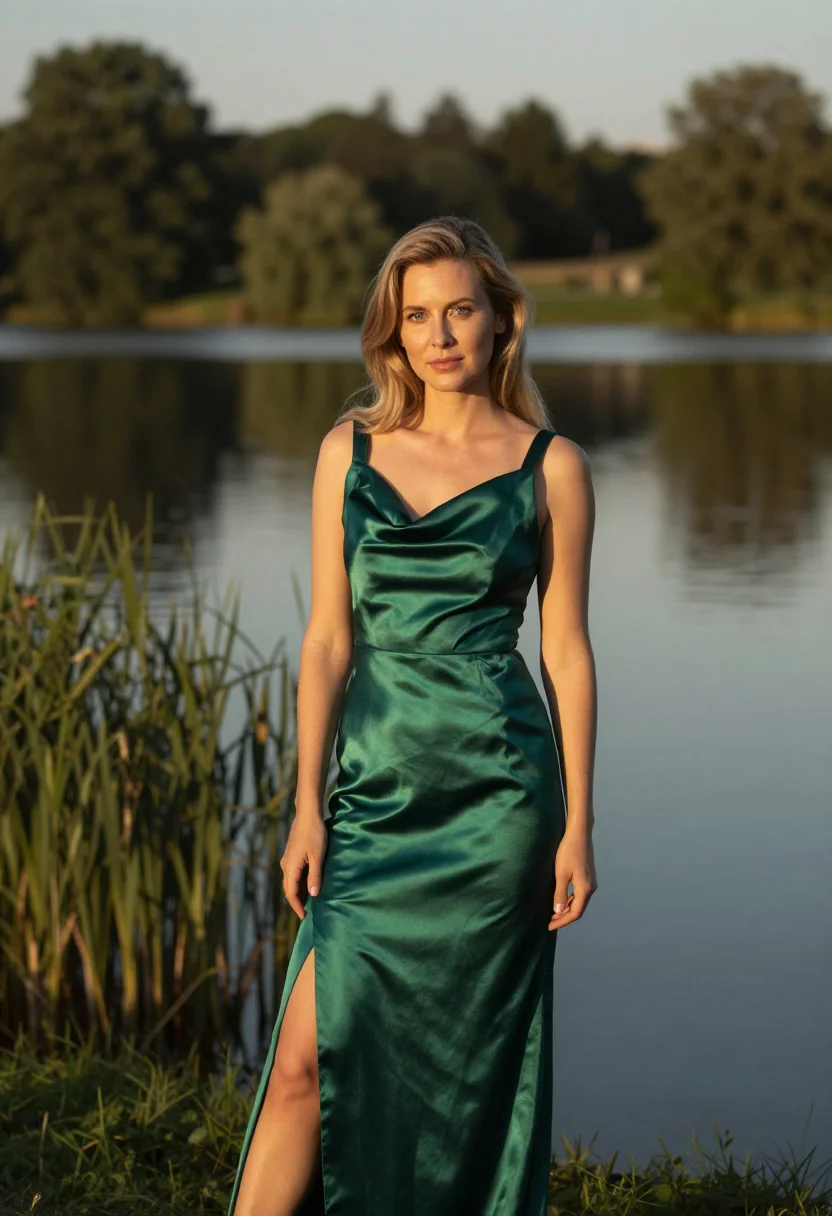 AI atonement stokesay court green satin gown sample — portrait of a woman, a Swedish woman in her late twenties wi