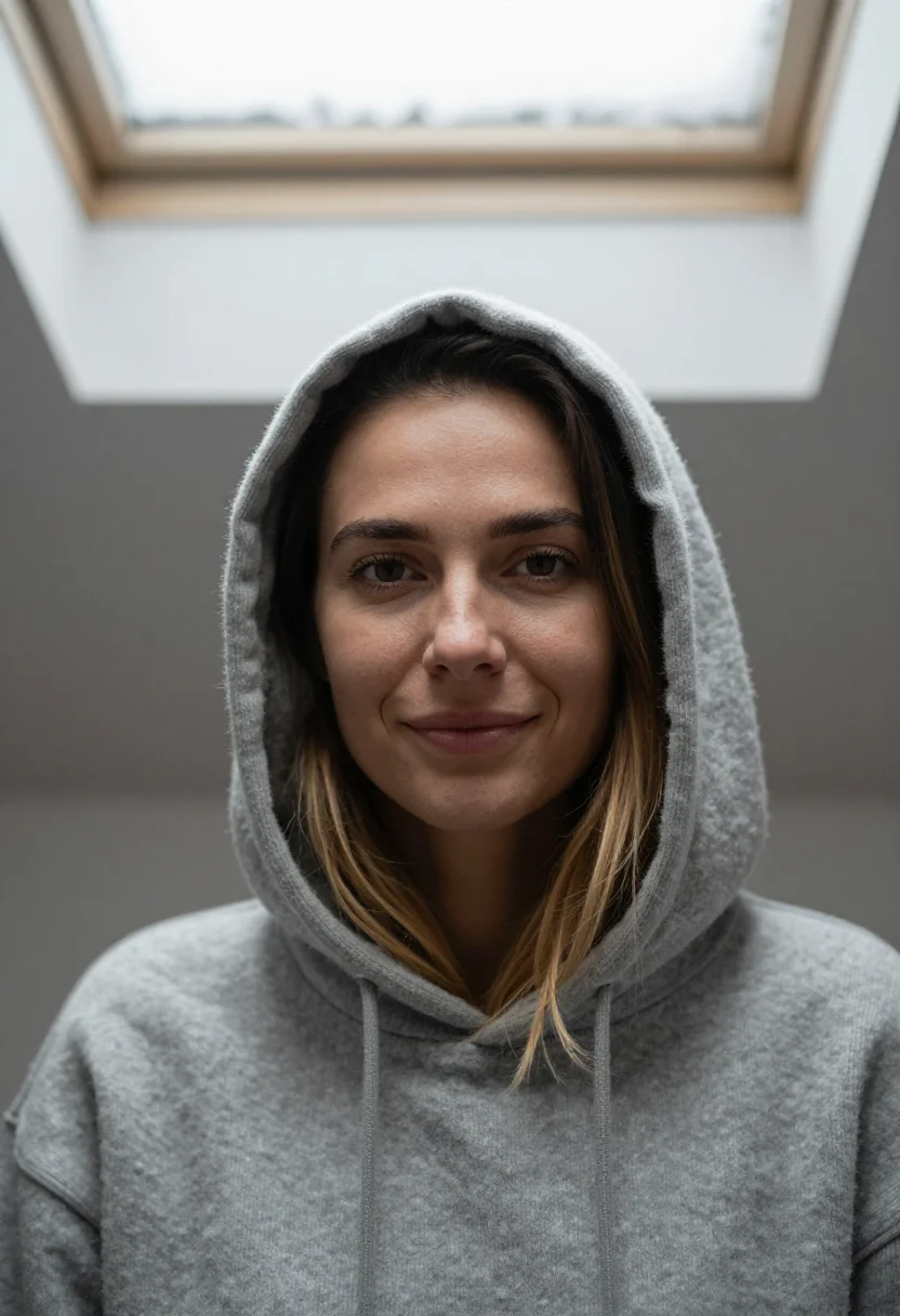 AI attic skylight snow grey sample — portrait of a woman, framed head and shoulders, tighter, the
