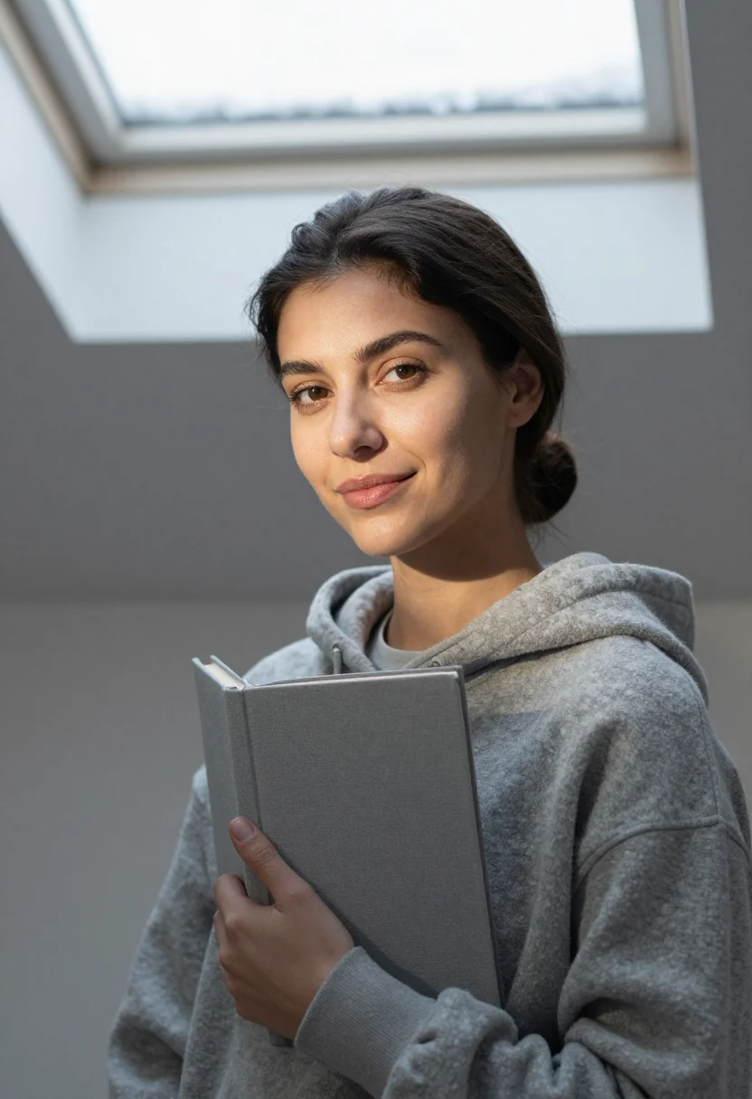 AI attic skylight snow grey sample — portrait of a woman, framed chest-up from the ribs with the