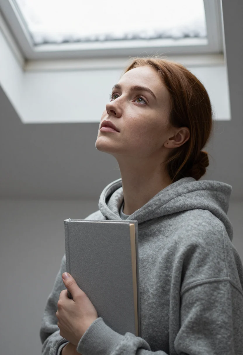 AI attic skylight snow grey sample — portrait of a woman, framed chest-up from the ribs with the