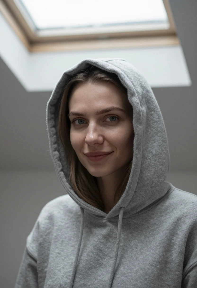 AI attic skylight snow grey sample — portrait of a woman, framed as a tight headshot from the cro