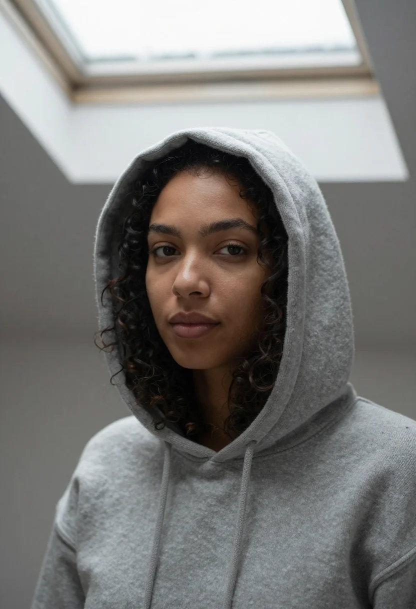 AI attic skylight snow grey sample — portrait of a woman, framed as a tight headshot from the cro