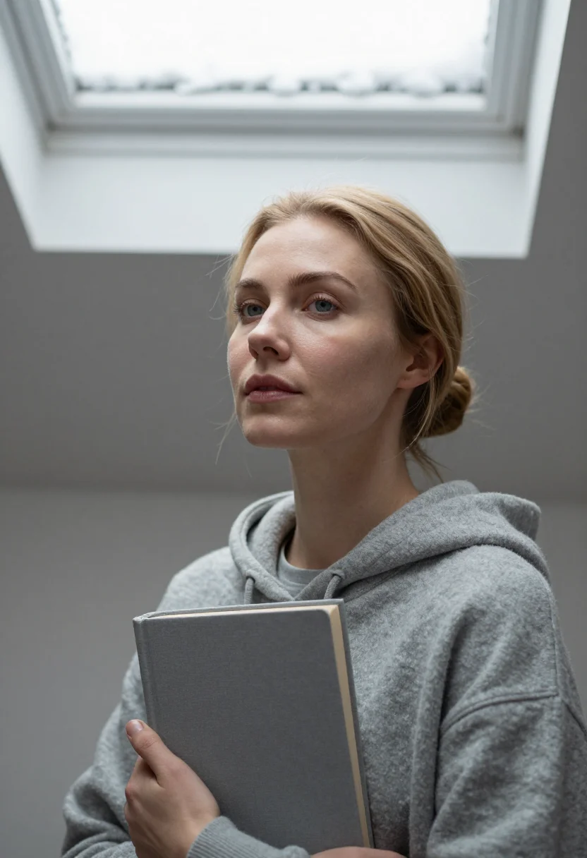 AI attic skylight snow grey sample — portrait of a woman, framed head and shoulders, tighter, the