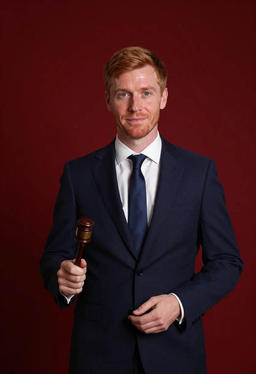 AI auctioneer rostrum red navy sample — portrait of a man, framed half-length from the head to the h