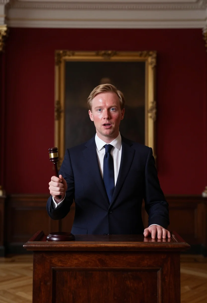 AI auctioneer rostrum red navy sample — portrait of a man, framed chest-up, cropped at the ribs, the