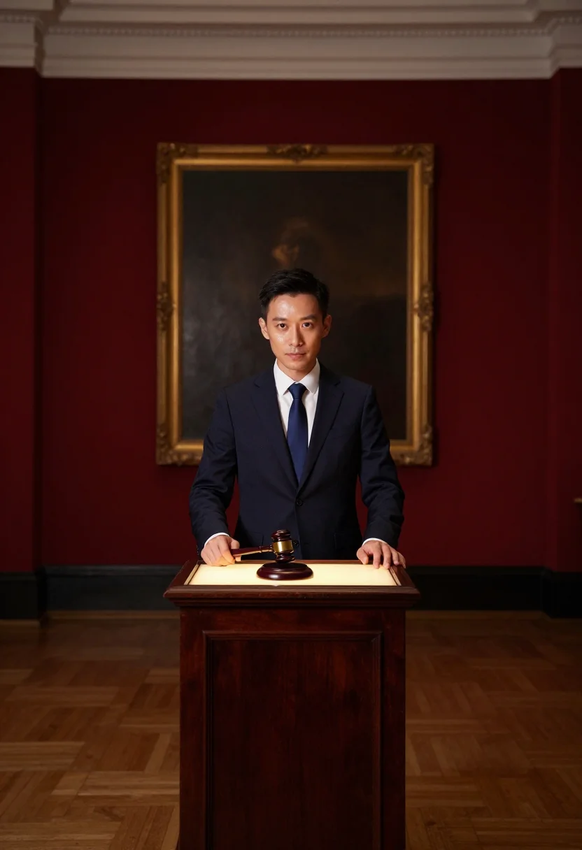 AI auctioneer rostrum red navy sample — portrait of a man, framed wide, the whole saleroom in view f