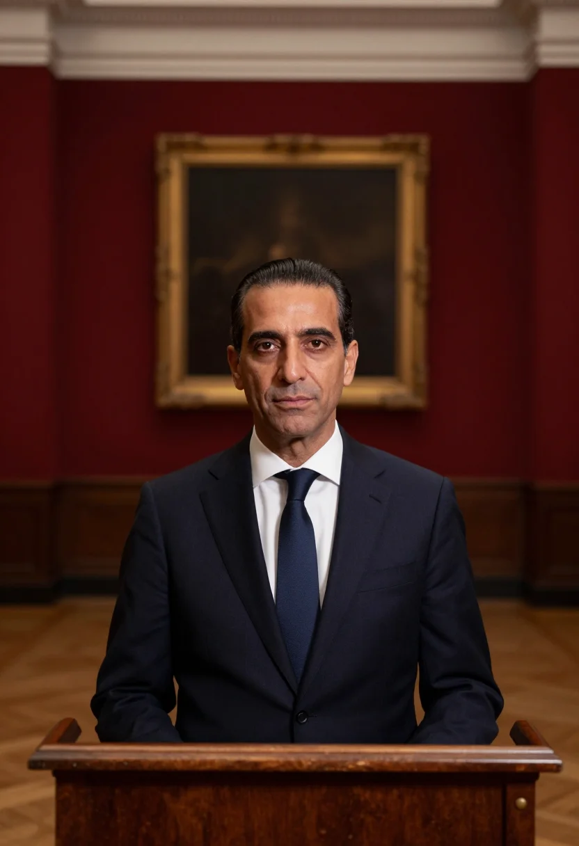 AI auctioneer rostrum red navy sample — portrait of a man, framed tight, head and shoulders, the bod