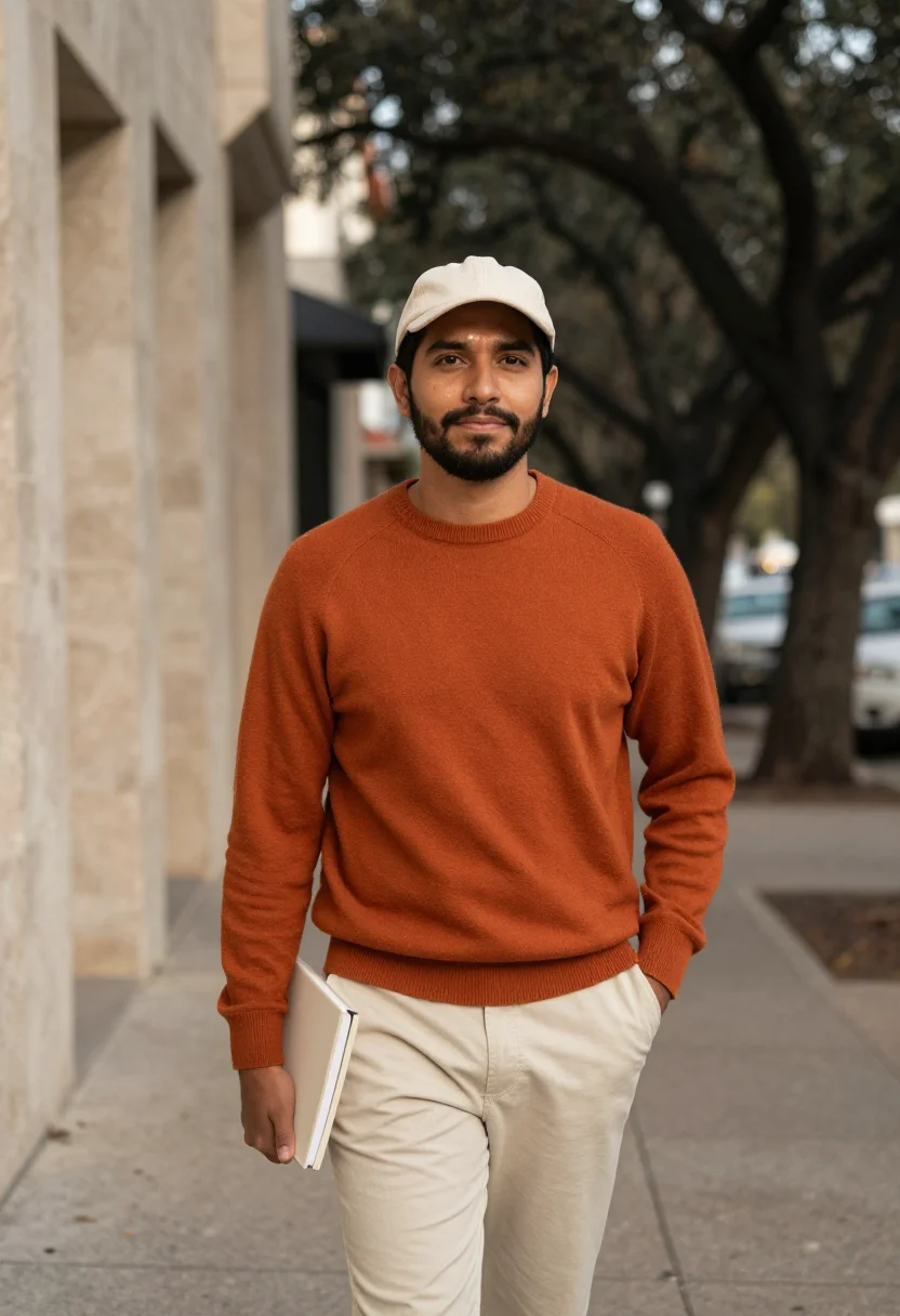 AI austin east side devrel burnt orange sample — portrait of a man, a developer-relations lead, a Mexican-Ame