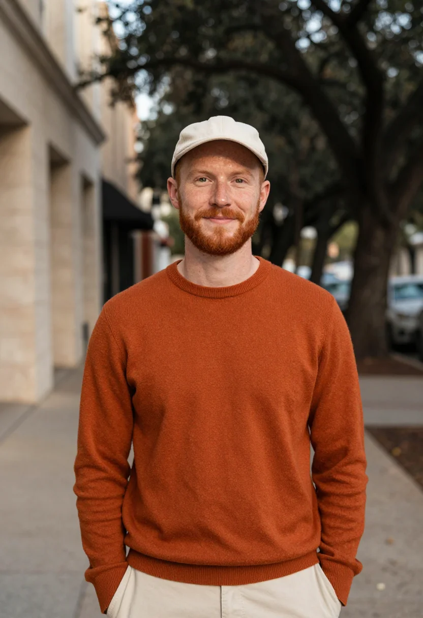 AI austin east side devrel burnt orange sample — portrait of a man, a developer-relations lead, an Irish-Amer