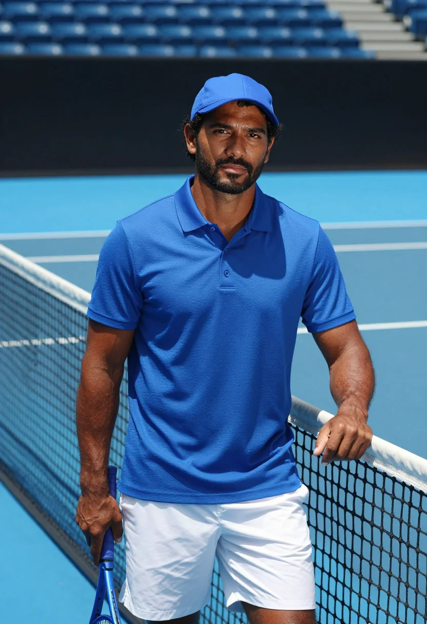 AI australian open blue court sample — portrait of a man, framed half-length from the waist up with