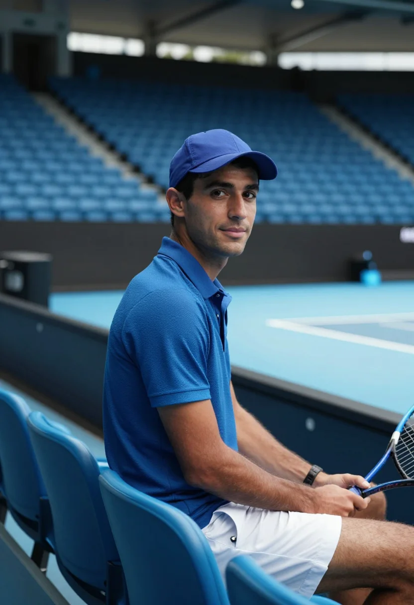 AI australian open blue court sample — portrait of a man, framed chest-up from the ribs with the bo