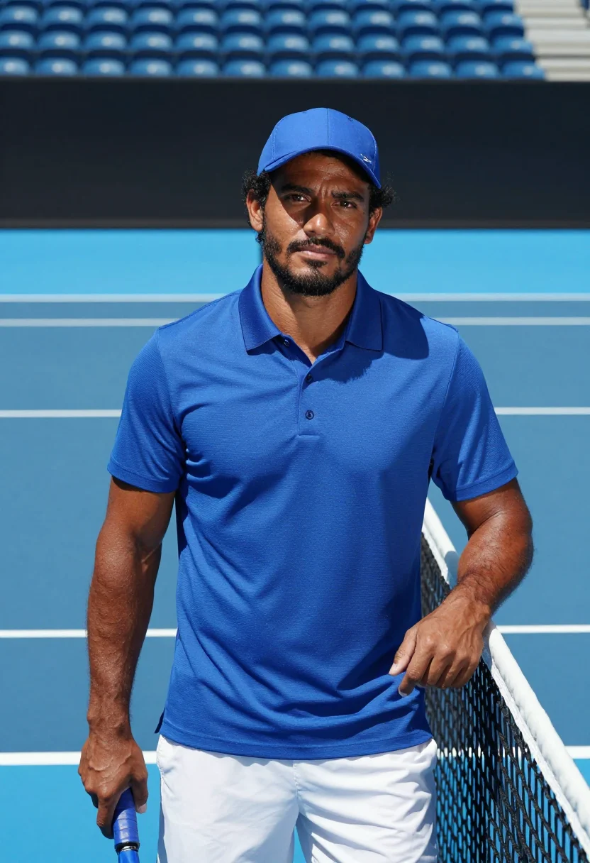 AI australian open blue court sample — portrait of a man, framed chest-up from the ribs with the bo