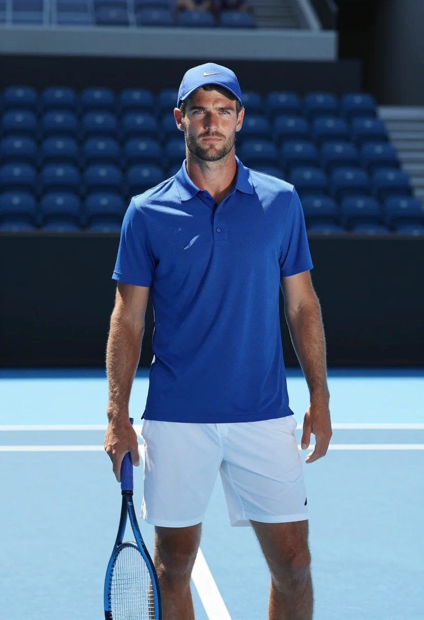 AI australian open blue court sample — portrait of a man, framed three-quarter length from mid-thig