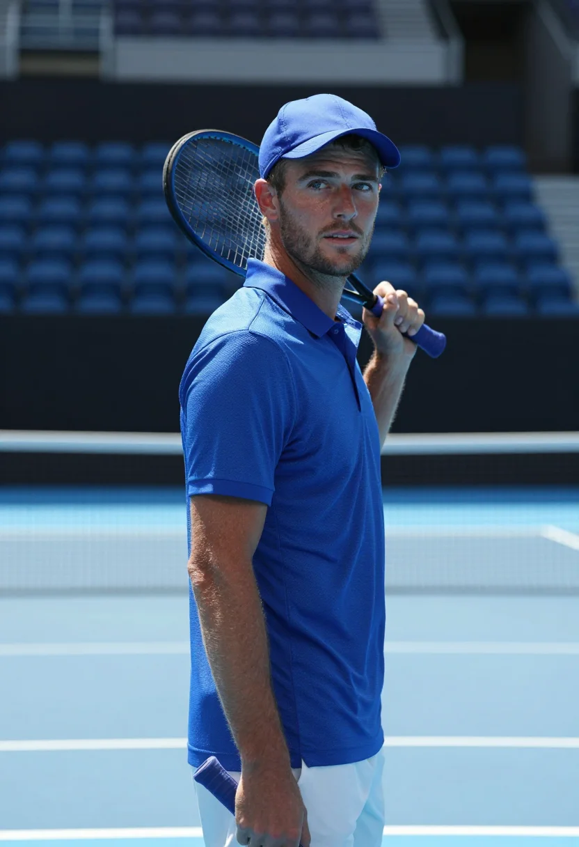 AI australian open blue court sample — portrait of a man, framed chest-up from the ribs with the bo