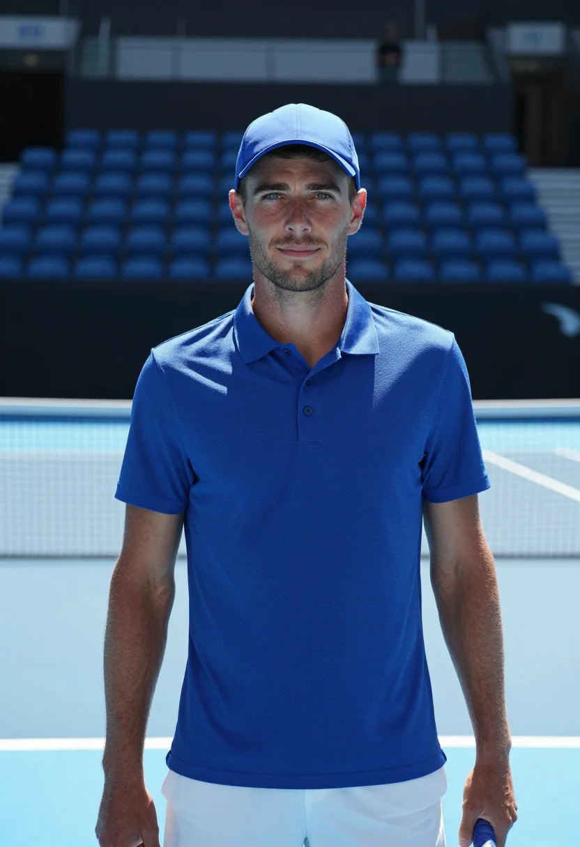 AI australian open blue court sample — portrait of a man, framed tight, head and shoulders, the bod