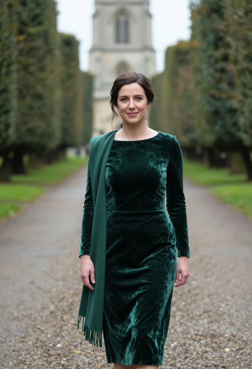 AI autumn wedding guest velvet green sample — portrait of a woman, framed half-length from the head to the