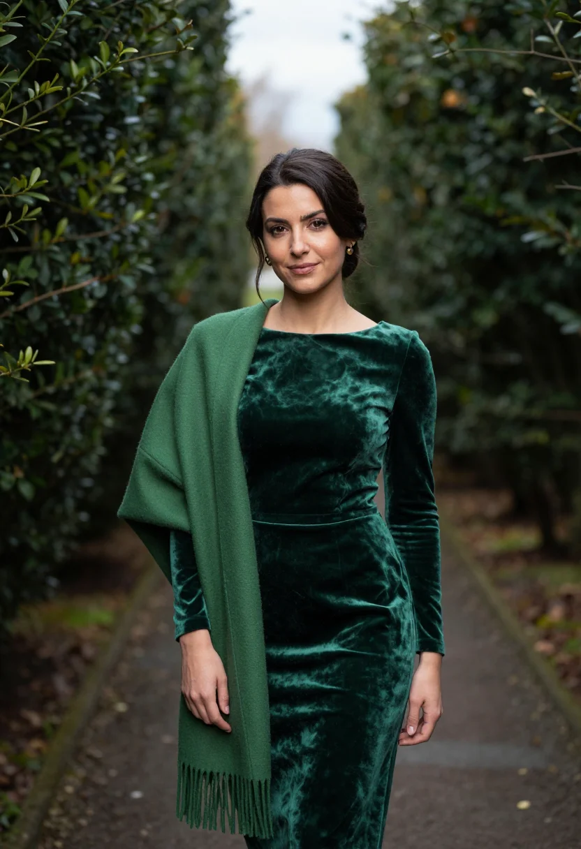 AI autumn wedding guest velvet green sample — portrait of a woman, framed half-length from the head to the
