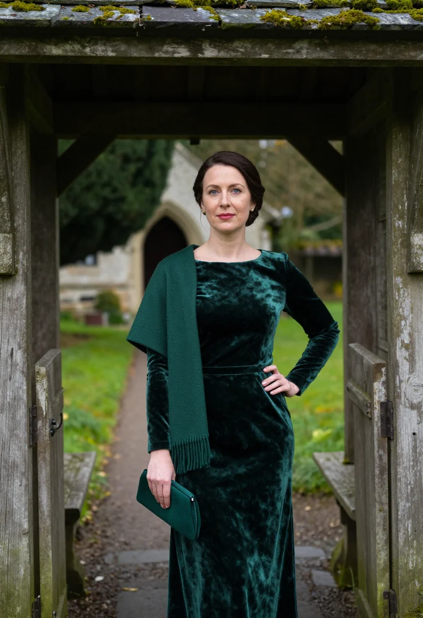 AI autumn wedding guest velvet green sample — portrait of a woman, framed three-quarter length from the he