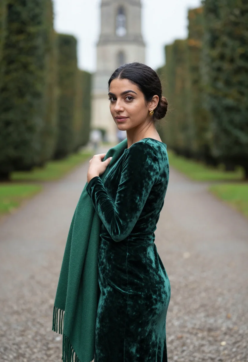 AI autumn wedding guest velvet green sample — portrait of a woman, framed chest-up, cropped at the ribs, t