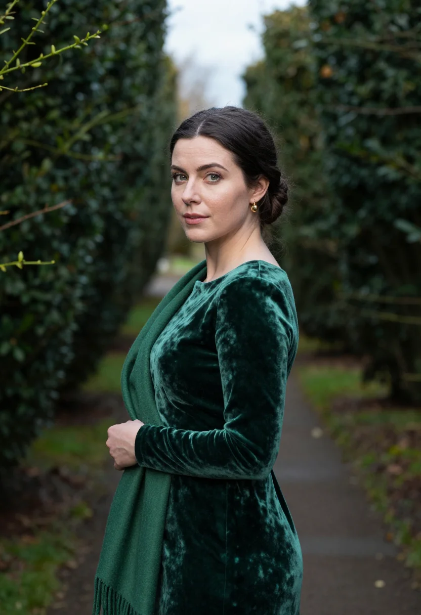 AI autumn wedding guest velvet green sample — portrait of a woman, framed chest-up, cropped at the ribs, t