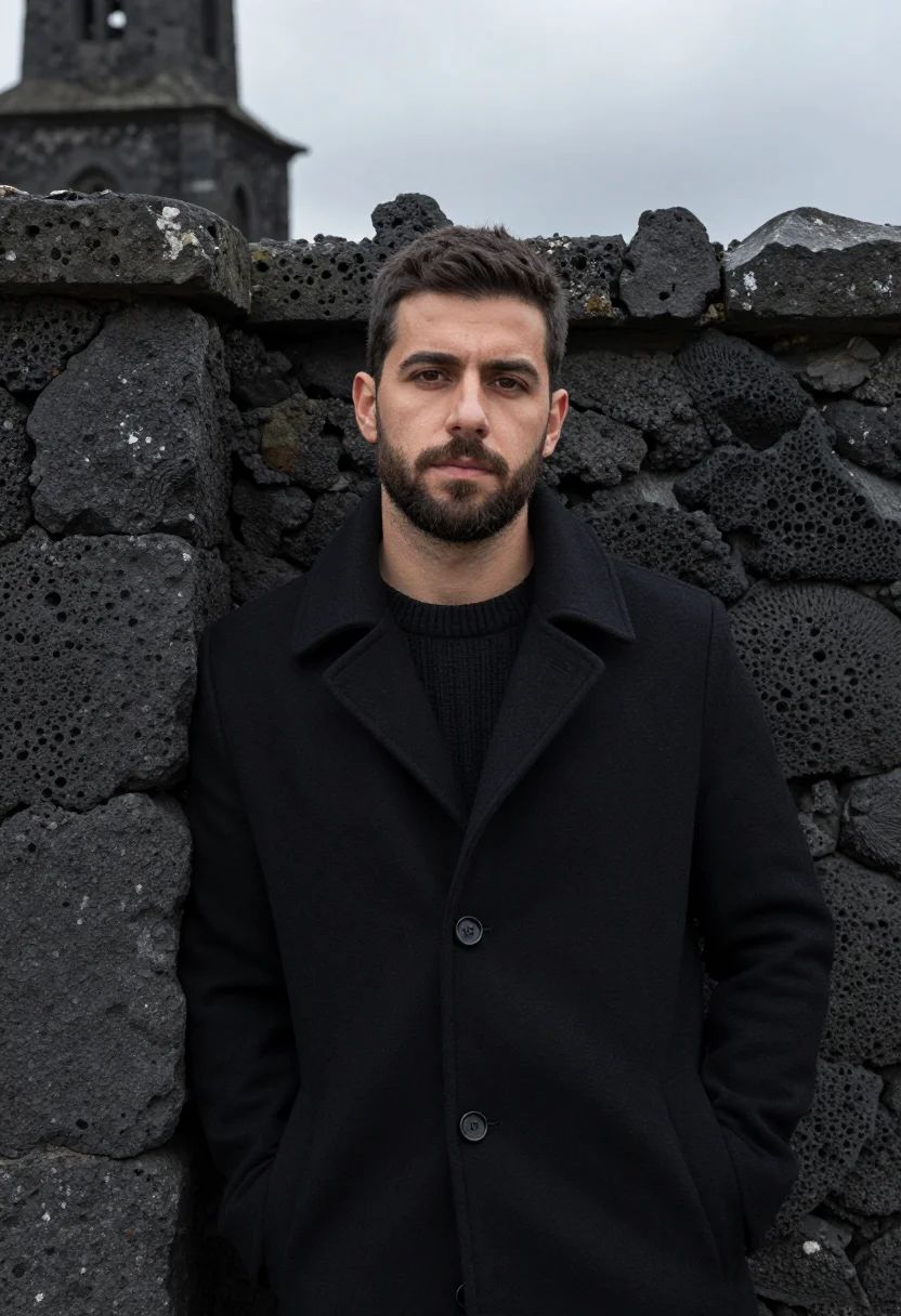 AI auvergne volcano november black sample — portrait of a man, framed half-length from the head to the h