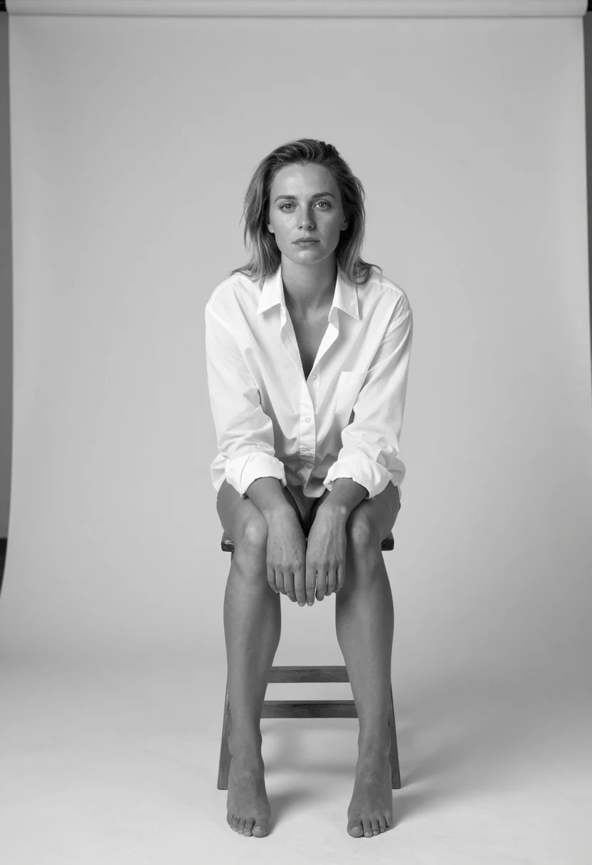 AI avedon white sample — portrait of a woman, square black-and-white close seated por