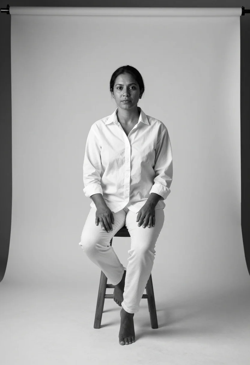 AI avedon white sample — portrait of a woman, square black-and-white wide seated port