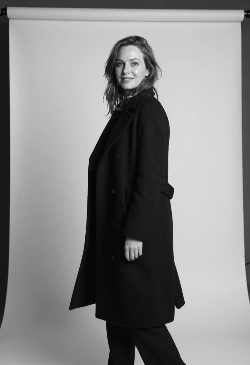 AI avedon white sample — portrait of a woman, square black-and-white half-length port
