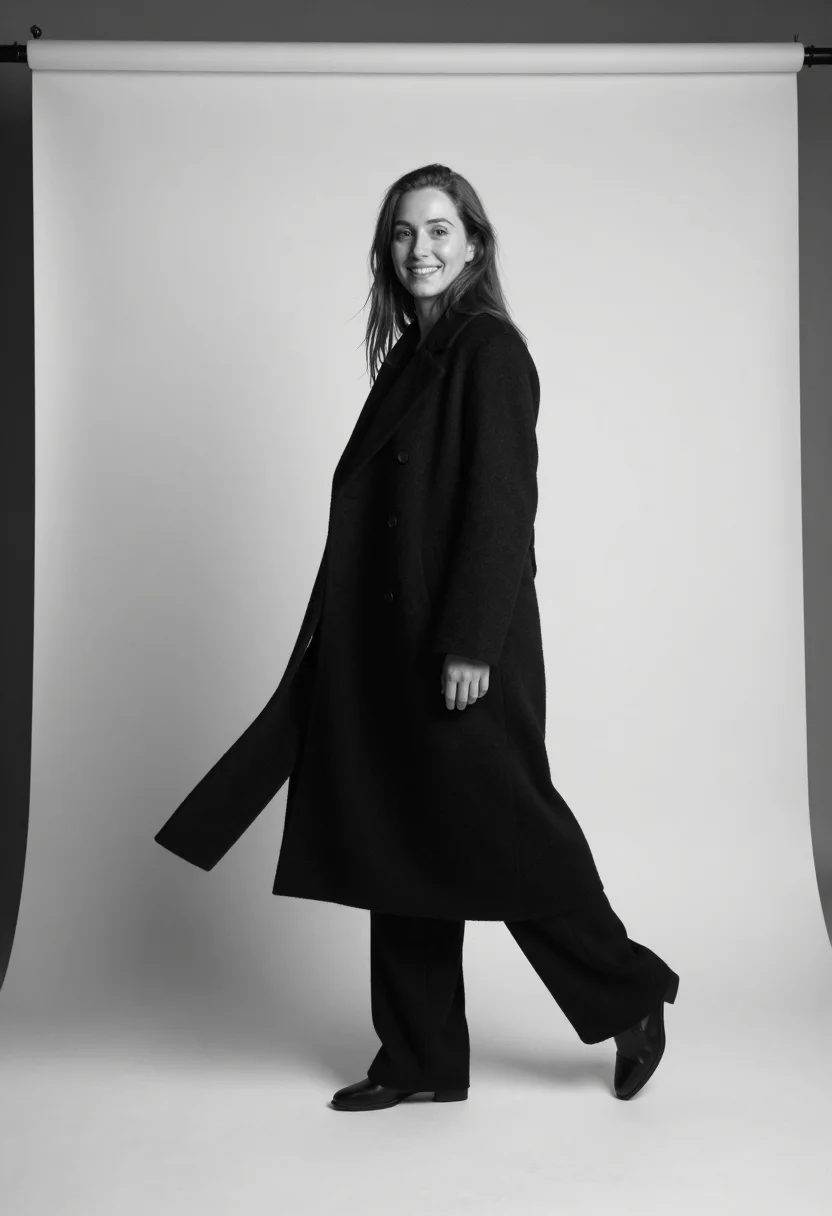 AI avedon white sample — portrait of a woman, square black-and-white wide full-length