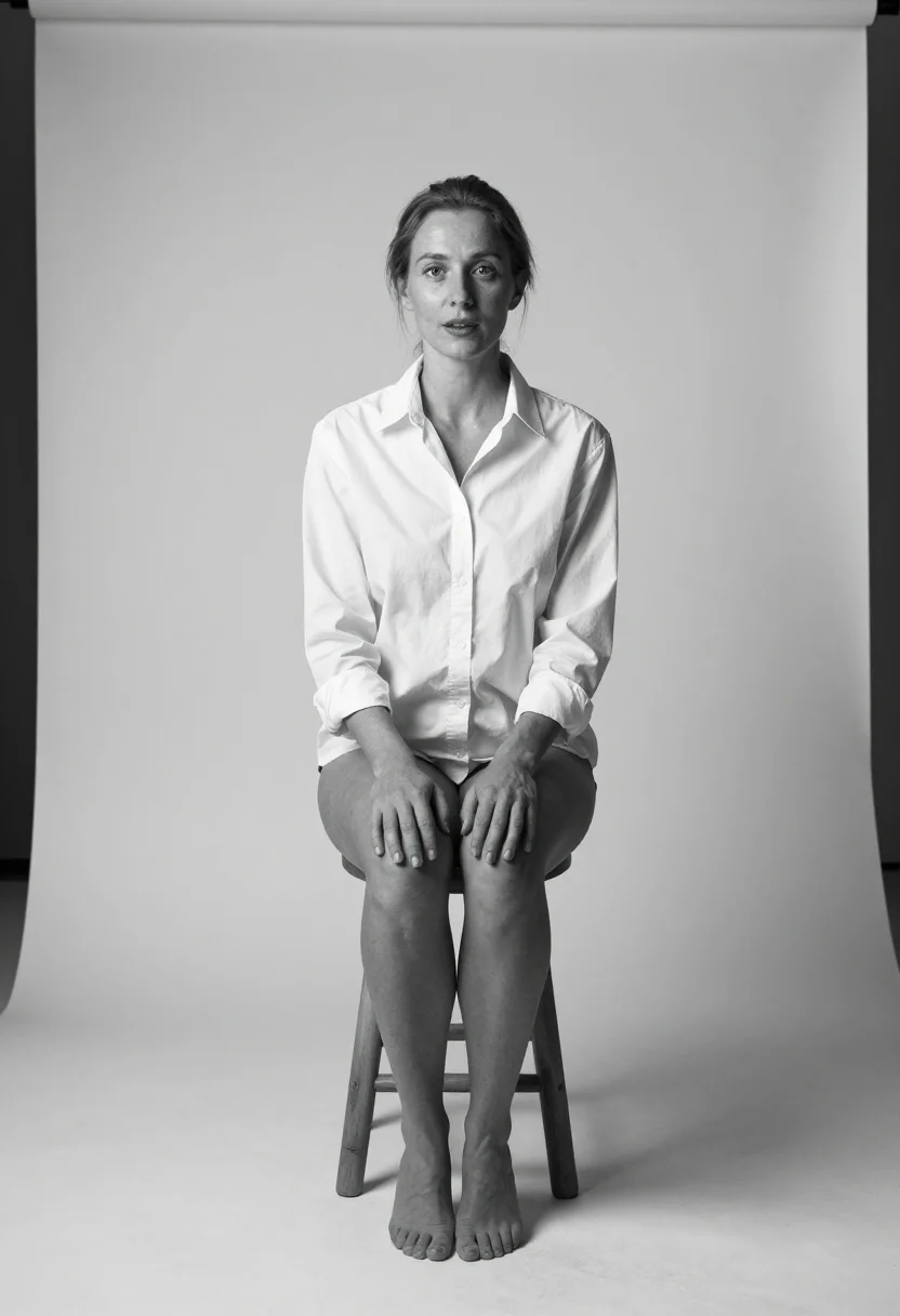 AI avedon white sample — portrait of a woman, square black-and-white seated portrait