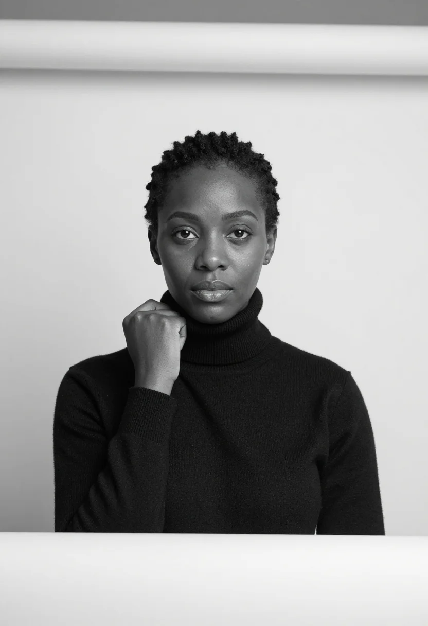 AI avedon white sample — portrait of a woman, square black-and-white chest-up portrai