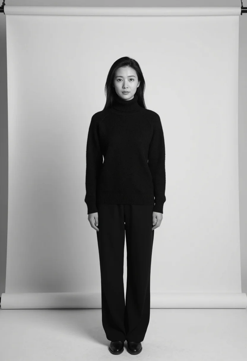 AI avedon white sample — portrait of a woman, square black-and-white full-length port