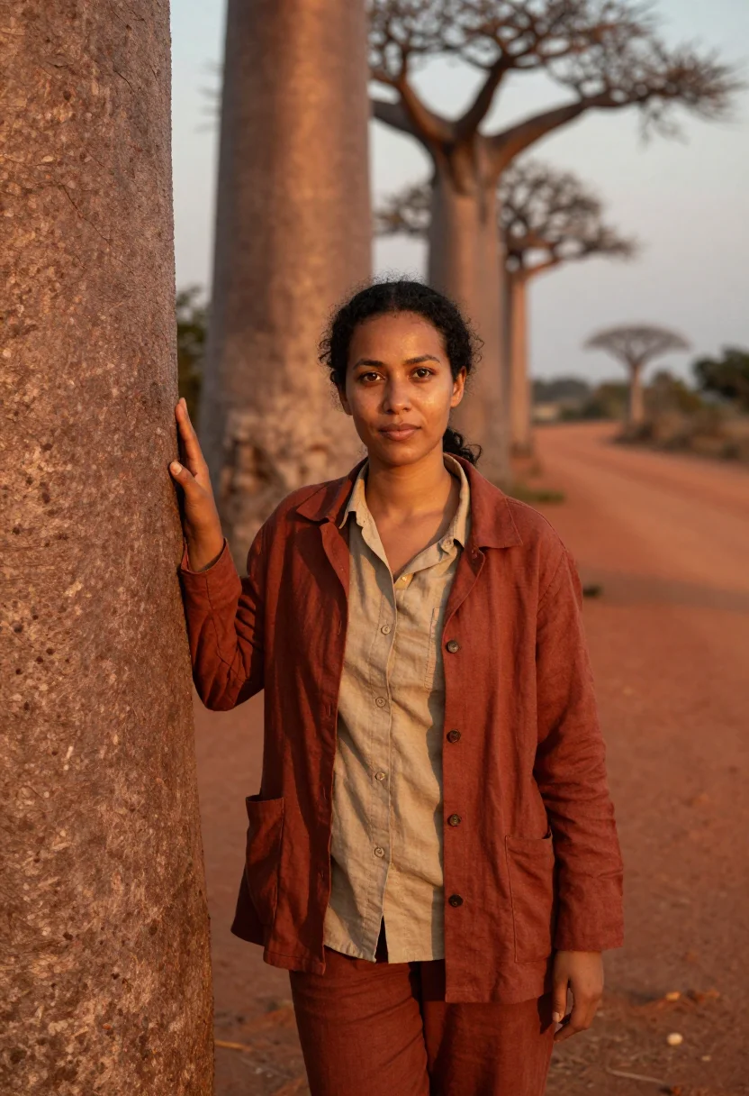 AI avenue of baobabs botanist red earth gold sample — portrait of a woman, a botanist in her early thirties of Mal