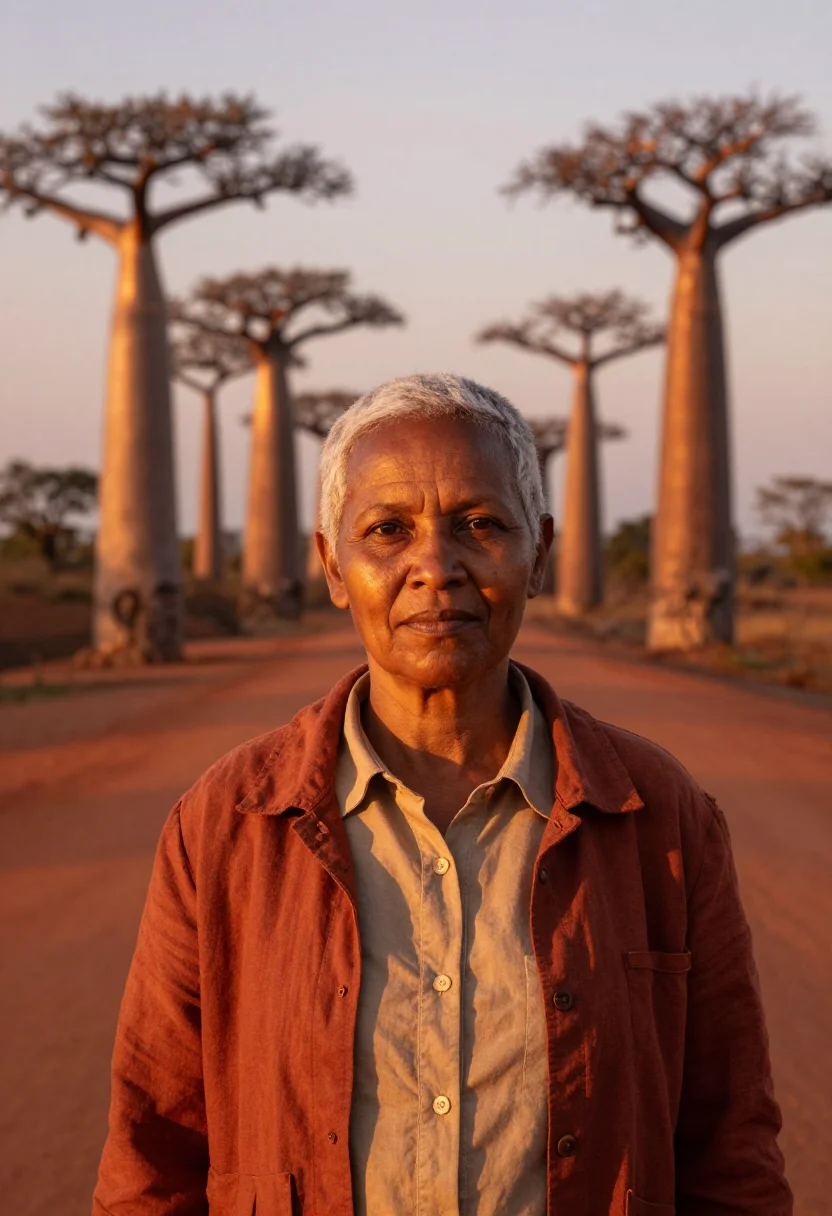 AI avenue of baobabs botanist red earth gold sample — portrait of a woman, a botanist in her early sixties of Mala