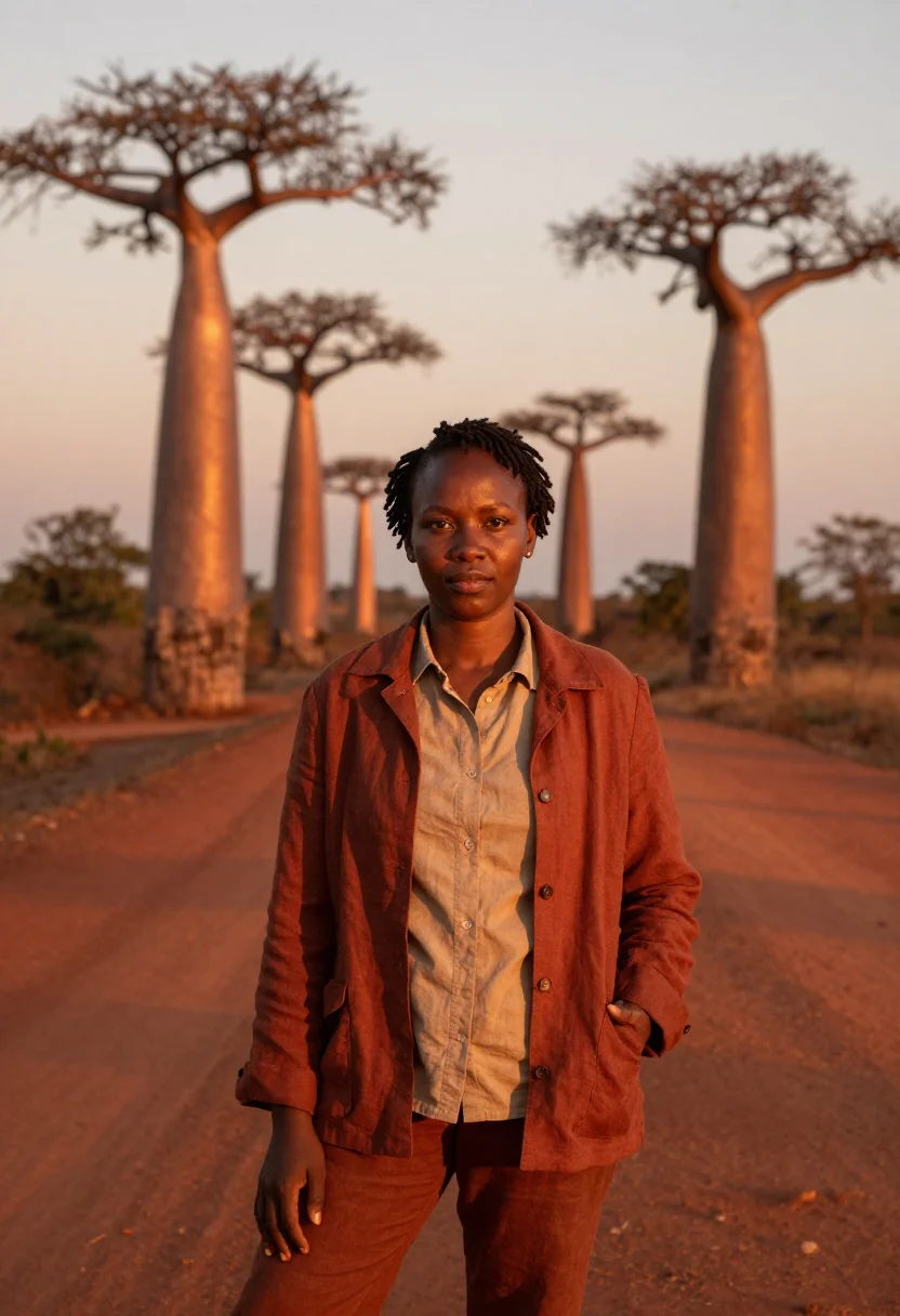 AI avenue of baobabs botanist red earth gold sample — portrait of a woman, a botanist in her mid-forties of Malaga