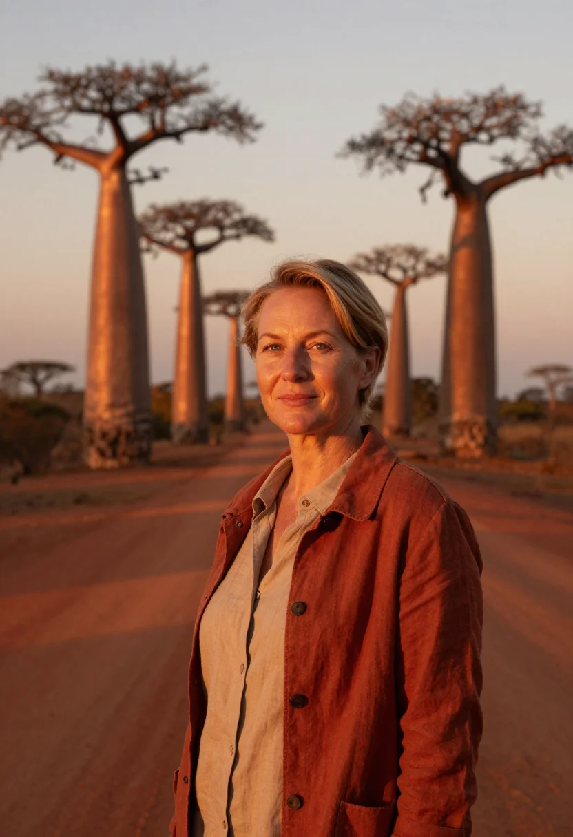 AI avenue of baobabs botanist red earth gold sample — portrait of a woman, a botanist in her late thirties of Germ