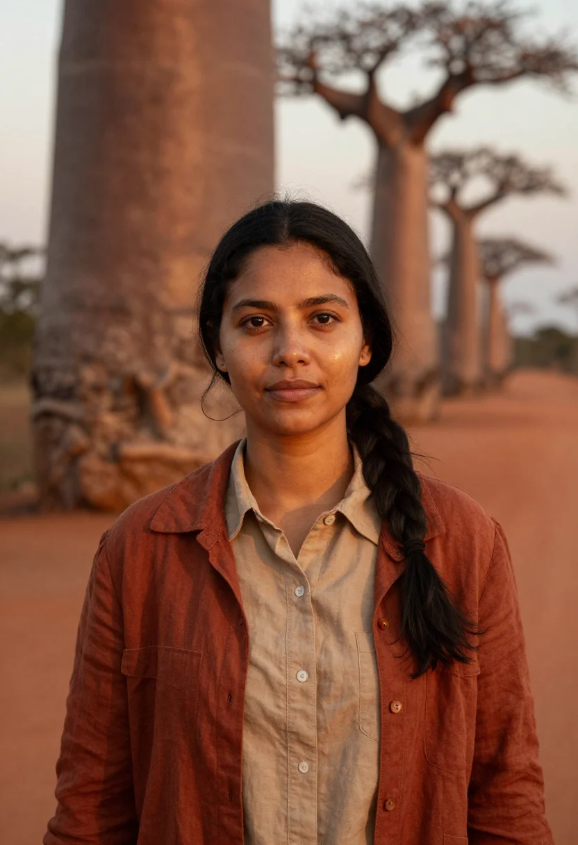 AI avenue of baobabs botanist red earth gold sample — portrait of a woman, a botanist in her mid-thirties of Malag