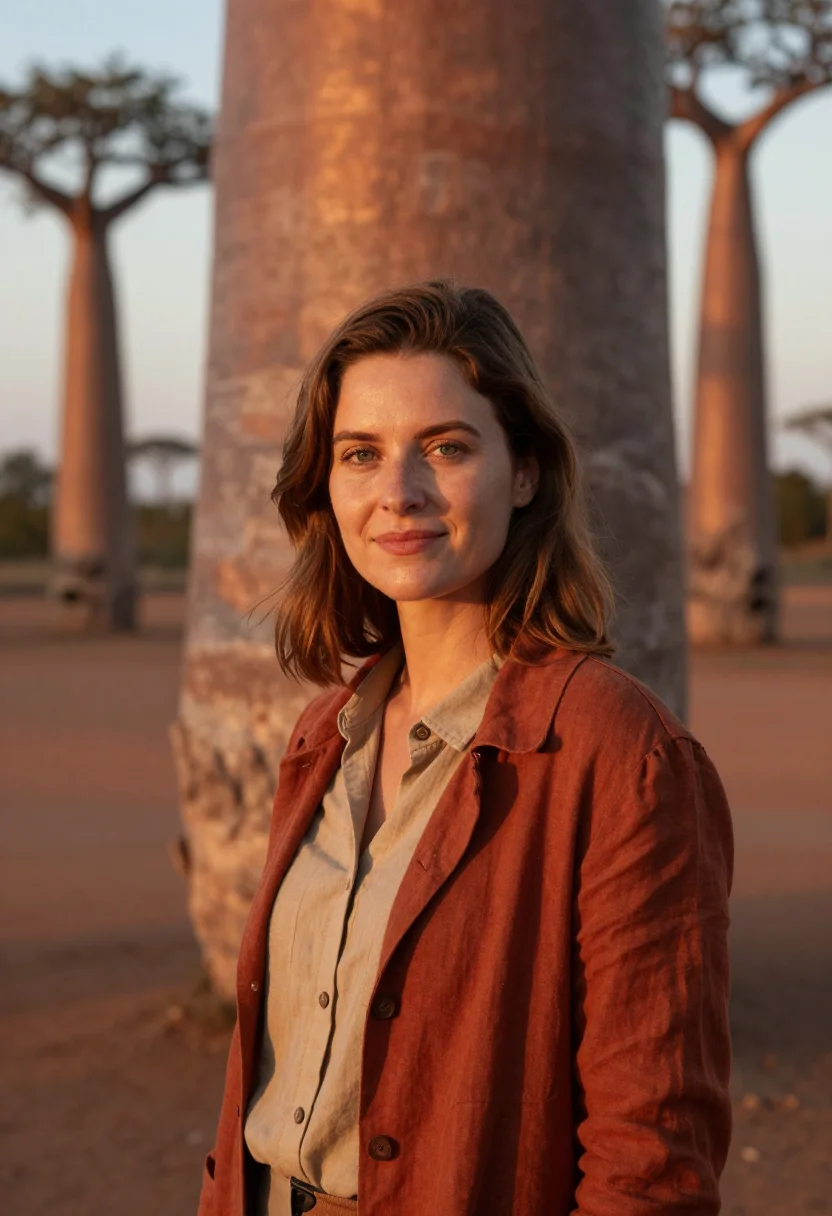 AI avenue of baobabs botanist red earth gold sample — portrait of a woman, a botanist in her late twenties of Fren