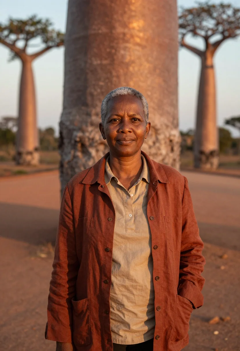 AI avenue of baobabs botanist red earth gold sample — portrait of a woman, a botanist in her mid-fifties of Malaga