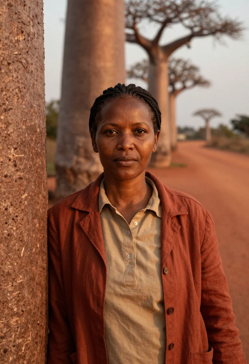 AI avenue of baobabs botanist red earth gold sample — portrait of a woman, a botanist in her late forties of Comor