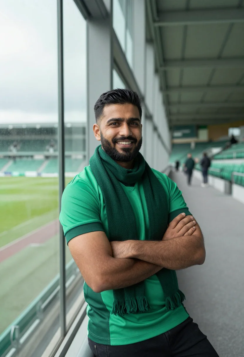 AI aviva stadium dublin six nations green sample — portrait of a man, a fan in his mid-thirties of Indian-Irish