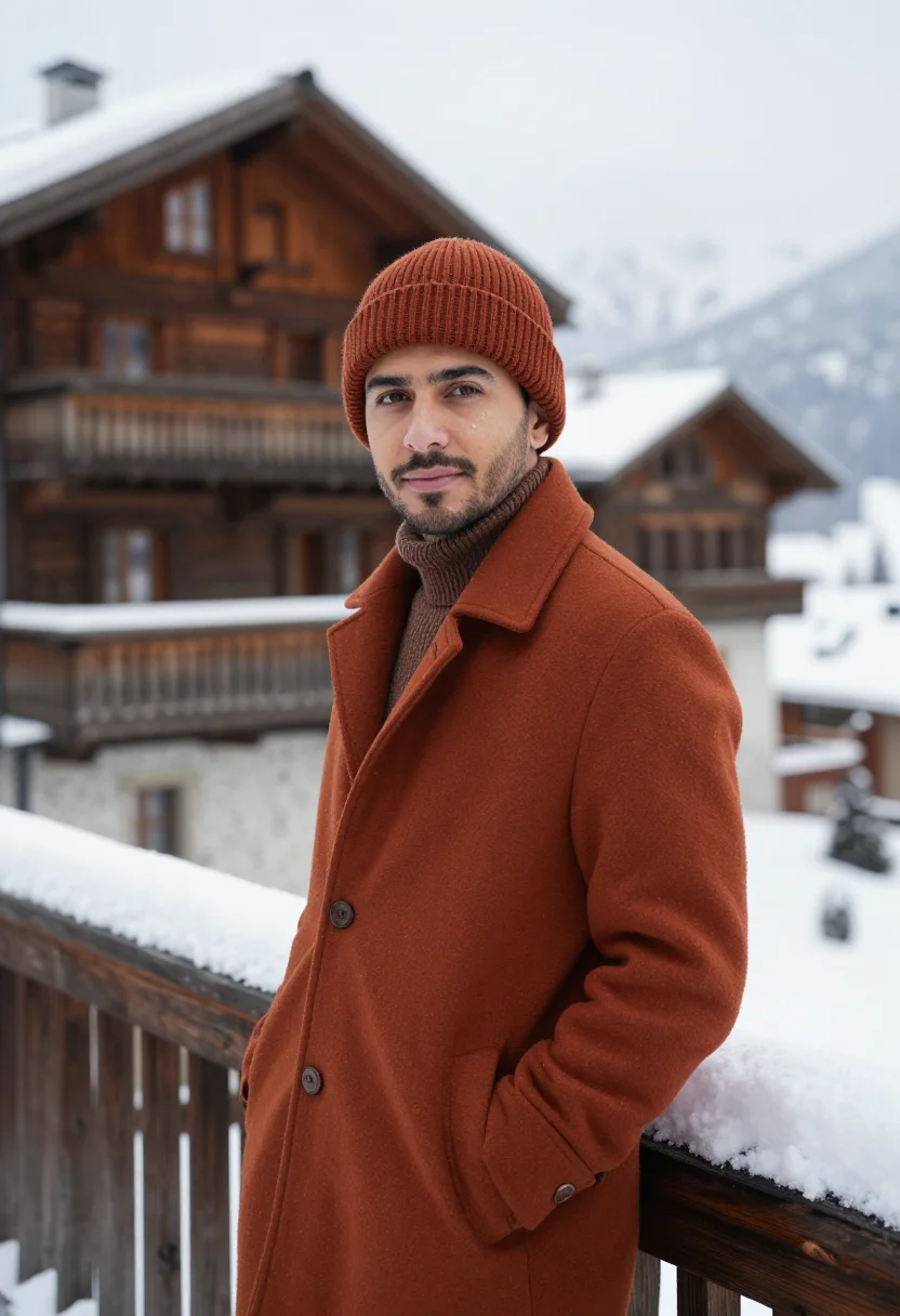 AI avoriaz timber towers snow rust sample — portrait of a man, framed chest-up with the crop at the ribs