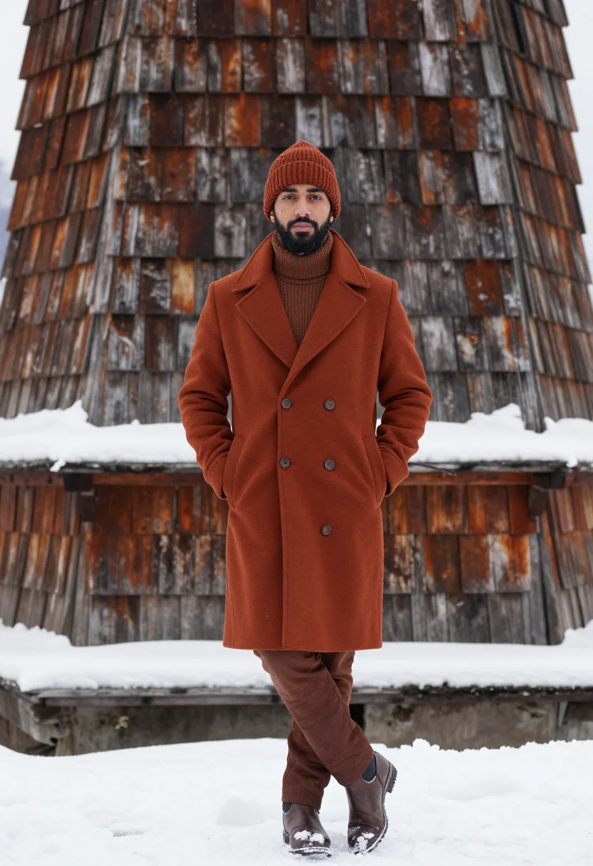AI avoriaz timber towers snow rust sample — portrait of a man, framed full-length from the crown to the
