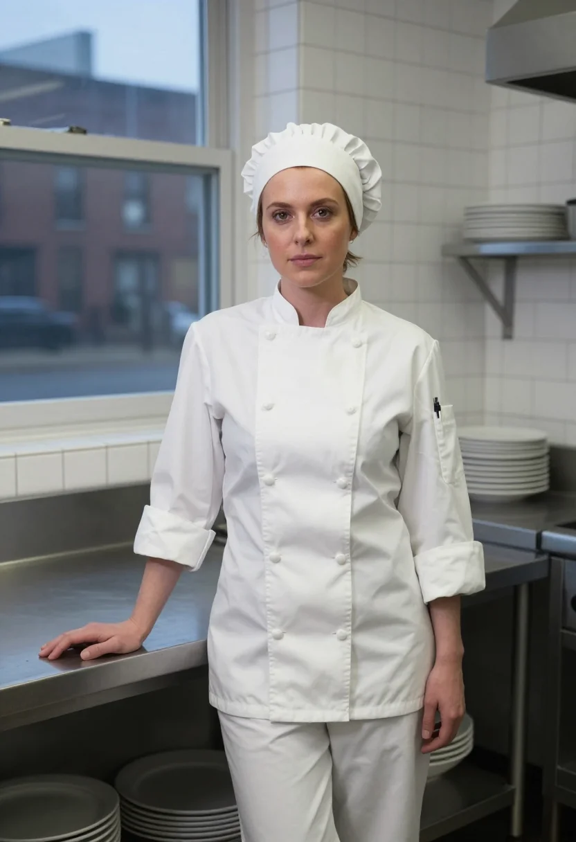 AI ayo edebiri the bear chef whites chicago sample — portrait of a woman, an English woman in her early forties w