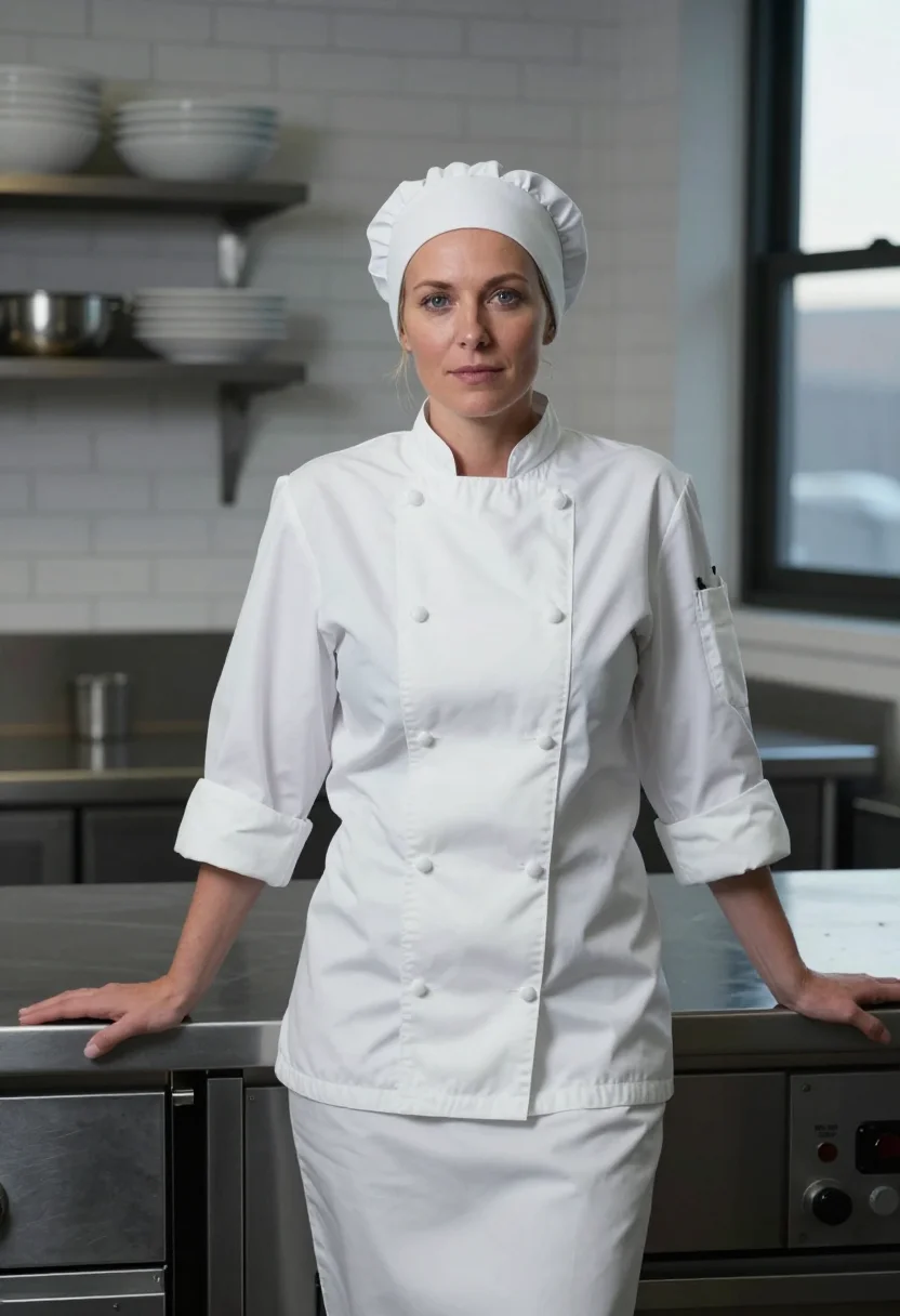 AI ayo edebiri the bear chef whites chicago sample — portrait of a woman, a German woman in her late thirties wit