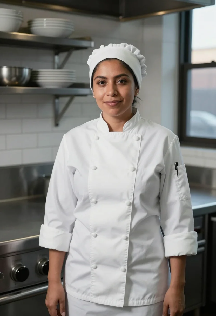 AI ayo edebiri the bear chef whites chicago sample — portrait of a woman, a Mexican-American woman in her early t